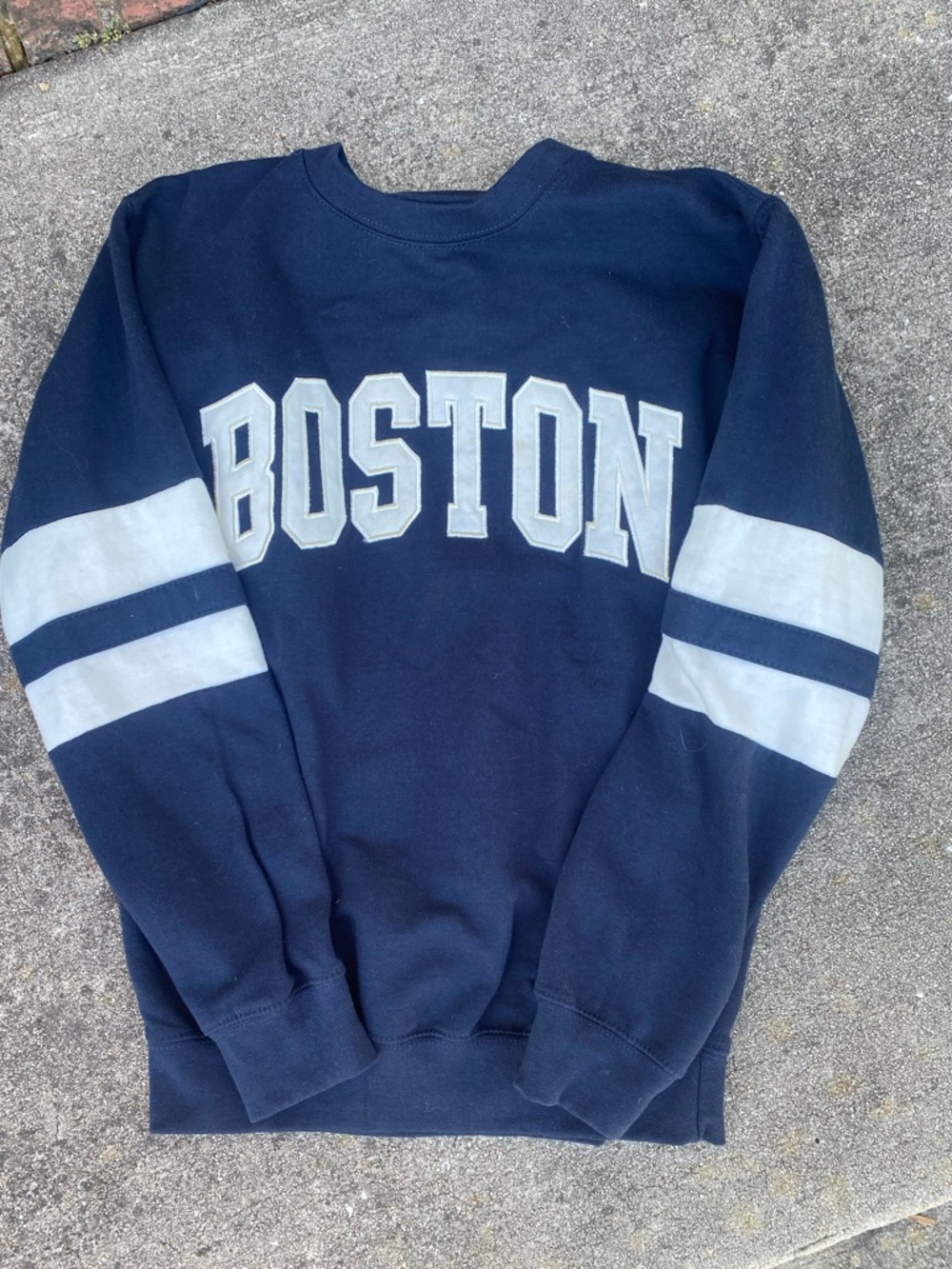Navy Crewneck Sweatshirt with White Sleeve Stripes and Boston Lettering